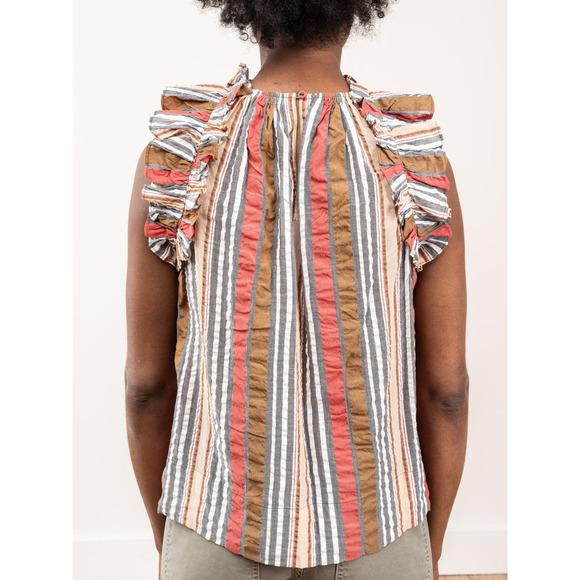 Ulla Johnson Adana Stripe Ruffle Flutter Sleeve High-Neck Blouse Top Poppy 4 - Picture 5 of 15